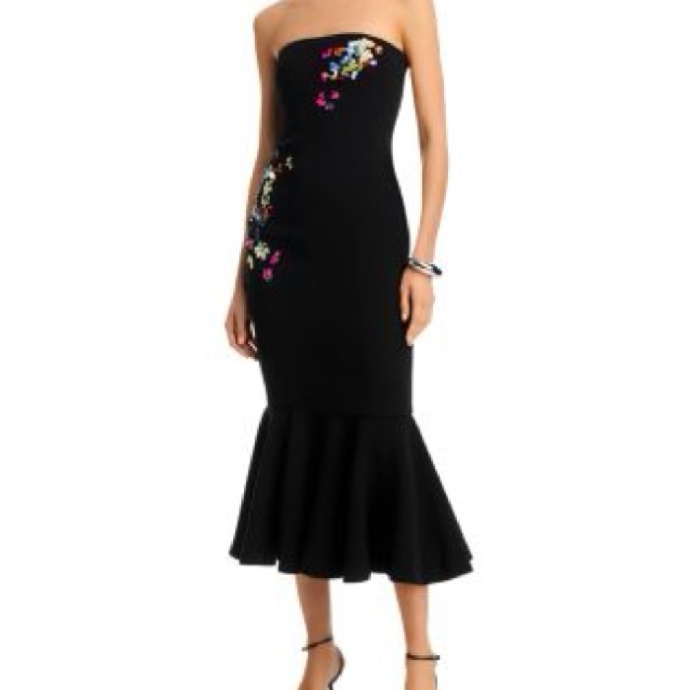 Cinq à Sept Black Strapless Juniper Midi Dress with Floral embellishments size 2